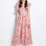 Elegant Dress 2025 New Retro Lace To Receive Waist Temperament Print Lotus Leaf Side Long Dress