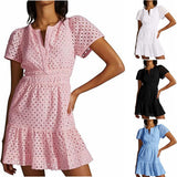 Women's V-Neck A-Shaped Hollow Lace Folded Short-Sleeved Mini