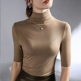 Zingj Slim Half-High Neck Five Part Sleeve T-Shirt Women's Design Sense Niche New Slim Bottom Shirt Middle Sleeve