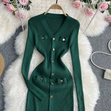 Zingj Button Long Sleeve Dress Autumn And Winter New V Collar Fashion Slim Slit Wrapped Hip Step