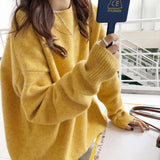 Zingj Women's Autumn Winter New Style With Lazy Wind Pure Color Sweater Loose Round Collar Thick Mixed Color Top Female-Outfit