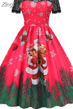 Christmas Costume Party Dress Women Short Sleeve Lace Vintage Winter Dress Robe Elegant Xmas Evening