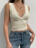 Y2K Sweet Cute V Neck Bodycon Sexy Tank Top Fashion 2000s Aesthetic Summer Cropped Vest Slim Bow Lace Top Women