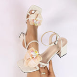 Women's High-Heeled Shoes Three-Dimensional Orchid Head Thick With Spring And Summer Fashion Night Party Wedding Campus Apricot