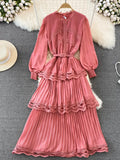 Autumn Women Lace Long Dress Vintage Round Neck Lantern Sleeve High Waist Cascading Ruffle Pleated Party Maxi