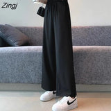 Women Summer Fashion Korean Style Baggy Wide Leg Harajuku Black Ladies Trouser Vintage High Waisted Slit Streetwear