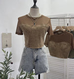 Summer Denim Splicing Mesh Yarn Short-Sleeved T-Shirt Design Fake Two Hot Girl Short Top