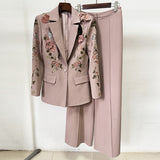New Fashion Heavy Industry Nail Bead Three-Dimensional Flower Jacket Wide-Footed Trouser Set Two