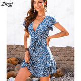 Blue Ditsy Floral Chiffon Mini Dress For Women Sexy V-neck Ruffled Short Sleeve A-line Dress 2023 Summer Female