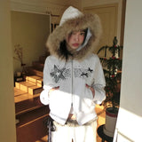 Cloth Forget Retro Hair Splicing Velvet Zipper Casual Coat BM Style Hooded Solid Color