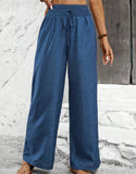 Hot Women's Solid Color Folded Waist Loose Broad-Legged Straight