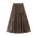 Splicing Hundred Fold Mesh Velvet Dress Women Autumn And Winter New High-Rise Thin A-Sword Skirt Mid-Long