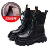 Layer Of Cowhide Autumn And Winter Plus Velvet Warm New Baibian Cake Bottom Cylinder Zipper Locomotive Boots Martin Boots