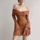 Zingj Winter New Women's Sweet Sexy Pure Desire Slim Thread One Word Shoulder Long Sleeve