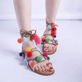 Summer New Famous Wind Color Hairball Sandals Female Wrist Strap 43 Yards Flat Bottom Roman Women's