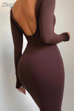 2023 Spring Sexy Backless Midi Dresses Bodycon Elegant Evening Club Party Birthday Brown Long Sleeve Dress