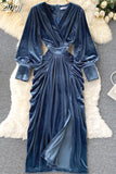 Women Blue Draped Velvet Long Dress Elegant V-Neck Lantern Sleeve High Waist Party Robe Female Autumn Winter 2023 New