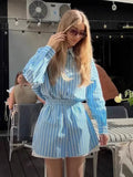 Women's Dress Design Long-Sleeved Striped Shirt Tightly Shorts