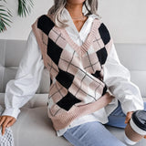 Pullover Rhombus V-neck Casual Loose Knitted Sweater Women's