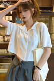 Women Summer Short-sleeve Turn-down-collar Solid Short Womens Tops Blouses Korean Style Loose All-match Slim Trendy