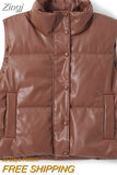 Women's PU Leather Puffer Vest Stand Collar Padded Vest Sleeveless Lightweight Jacket Winter Warm Outerwear Puffer
