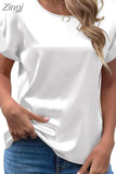 Lady Short Sleeve Satin Blouse Loose Casual Round Neck Solid Shirts Fashion 2023 Summer Elegant Tops Women Clothing