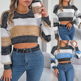 Autumn And Winter Casual Coloring Lantern Sleeves Exposed Umbilly Sweater Women's