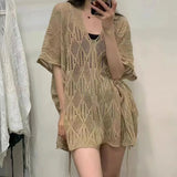 Zingj V-Collar Hollowed-Out Short-Sleeved Sweater Women's Wear Thin Style Design Unique Chic Loose