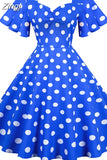 Women Summer Dress Butterfly Sleeve Swing Vintage Dresses Robe Femme Elegant Green Polka Dot Party Sundress