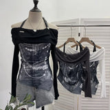 Vintage Print Shoulder Irregular Long-Sleeved T-Shirt Hanging Neck Slim Thin Short Bottom Top