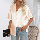 Summer Short Sleeve Shirt Solid Satin Silk Shirt Button Up Blouse Loose Office Ladies Tops Casual Shirts Elegant