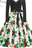 Dress Women Winter Long Sleeve V Neck Elegant Vintage Santa Claus Print Xmas Party Outfits Black Big