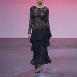 Fashion Sexy Style Dress Woman 2025 Spring New Round Lace Long-Sleeved Skirt Perspective Senior Long