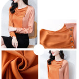 Women Shirt Silk Color Matching Blouses for Women Pleated Diagonal Button Clothes Women O-neck Long Sleeve Basic