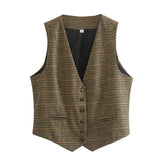 New Women's Retro V-Neck Sleeveless Single Breasted Short Bump Color Thousand Bird Case Vest