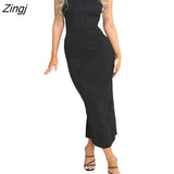 Women Summer Spaghetti Strap Sleeveless Dress Solid Color Backless Slit Long Dress for Cocktail Nightclub