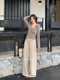 Xixi 2025 Autumn White Standard Temperament High-Waisted Solid-Color Pumping Rope Leisure Straight Broad Leg Leisure Pants