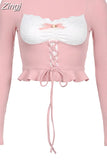 Korean Sweet Pink Knit Lace Patchwork Slim Female T-shirts Ruffles Bow Square Neck Crop Top Autumn Tie Up Sweats