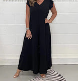 Summer New Women's Clothing With Lotus Leafy Broad Leg Trousers Solid Casual Jumpsuit