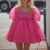 Short Sleeve Puff Tulle Mini Dress-Outfit