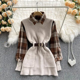 Winter Knitted Vest Two 2 Piece Set Women Long Sleeve Plaid Shirt Sleeveless Sweater Tops Suits Womens Shirts Sets