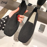 Plus Size Spring New Ballet Flats Women Square Toe Knit Fabric Loafers Breathable Flat Heel Drive Shoes Driving