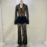 Zingj Sexy Lace Stitching Deep V Long Sleeve Top Slim See-Through High Waist Bell Bottoms Women's
