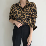 Chic Autumn Vintage Leopard Print Collar Single Buckle Loose Leisure Long-Sleeved Shirt