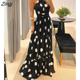 Women's Clothing Spring Summer Polka Dot Print Halter Backless Ruched Maxi Dress Elegant Party Wedding Sleeveless