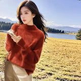 Sweater Women In Autumn And Winter Under The Bottom Of The Blouse Lazy Style Design Sense Retro Half-High Collar Red
