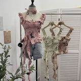 Shoot French Retro Irregular Lotus With Chest Cushions With Ribbon Sling Vest Summer Chiffon Top