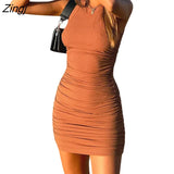 New Women Sleeveless Ruched Bodycon Slim Mini Dress Fashion Stylish Solid Color Ribbed Summer Sundress for Ladies