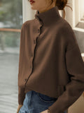 And Winter Women's Clothing Pure Color Leisure Single Row Buckle Collar Long-Sleeved Knitted Cardigan Women Elegant And