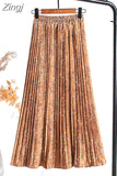 Women 2023 High Waist Floral Print Mid Calf Long Pleated Skirt Girls Summer Vintage Elegant Chiffon Midi